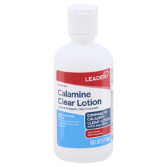 Leader Calamine Clear Lotion bottle shows cooling relief for itching.