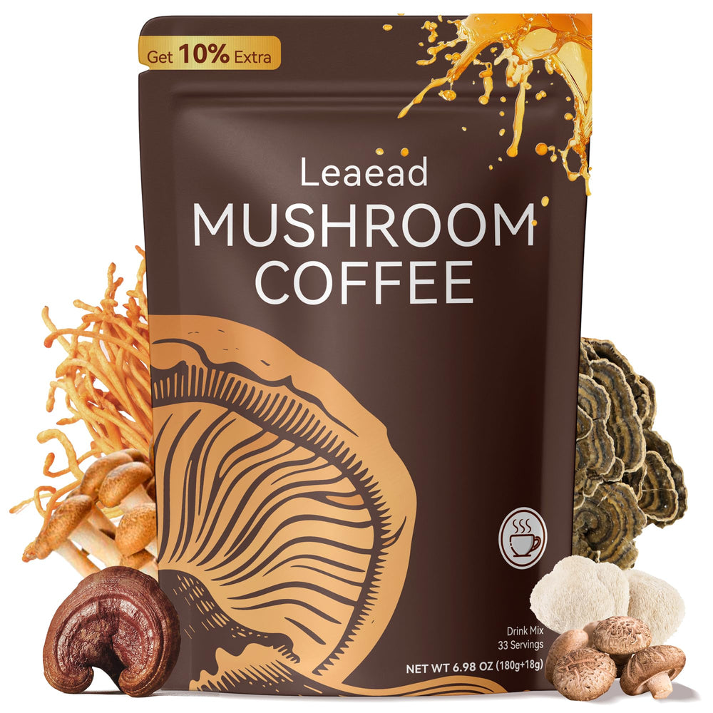 Leaead organic mushroom coffee bottle showing adaptogenic blend for steady energy and focus.