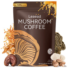 Leaead organic mushroom coffee bottle showing adaptogenic blend for steady energy and focus.