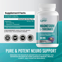 Leaping Lynx Pure Magnesium L-Threonate capsules closeup shows 144 mg dose in each serving.