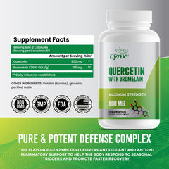 Leaping Lynx Quercetin bottle label highlights ingredients and non-GMO formula