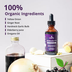 Ingredients like elderberry, garlic, and ginger displayed alongside Leefy Immunity Defense.