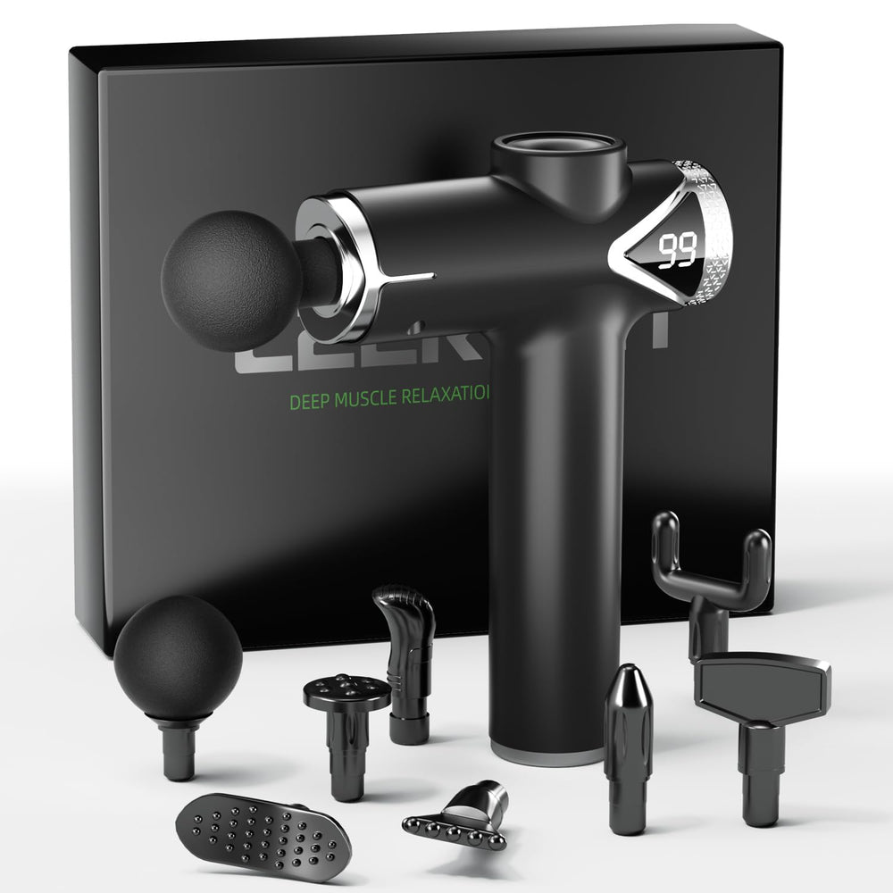 LEERCON Massage Gun front view shows compact design for on-the-go relief.