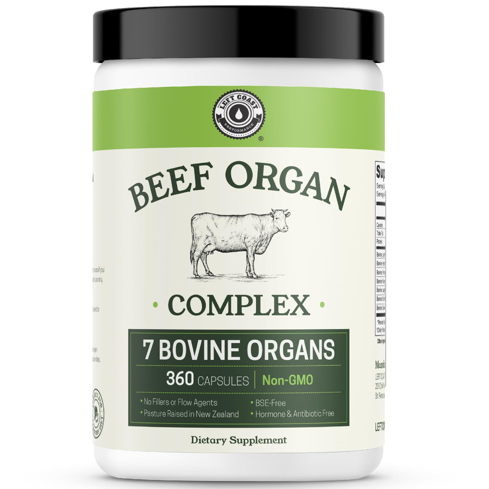 Left Coast Performance Beef Organ Complex bottle for daily energy support.