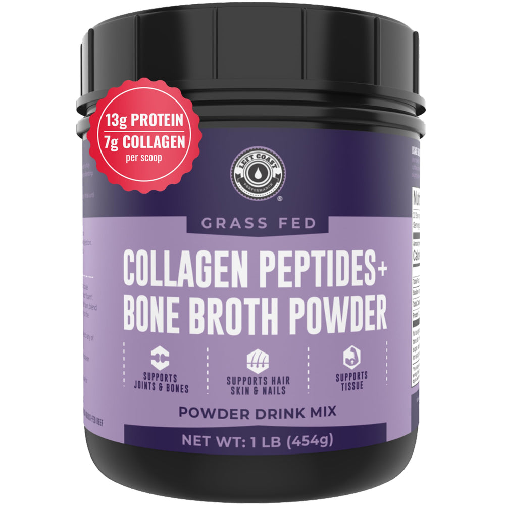 Left Coast Performance bone broth powder jar; unflavoured and versatile for hot drinks and shakes.