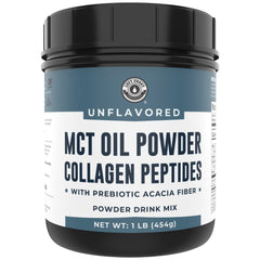Left Coast Performance MCT Oil Powder bottle shown for creamy shakes and coffee