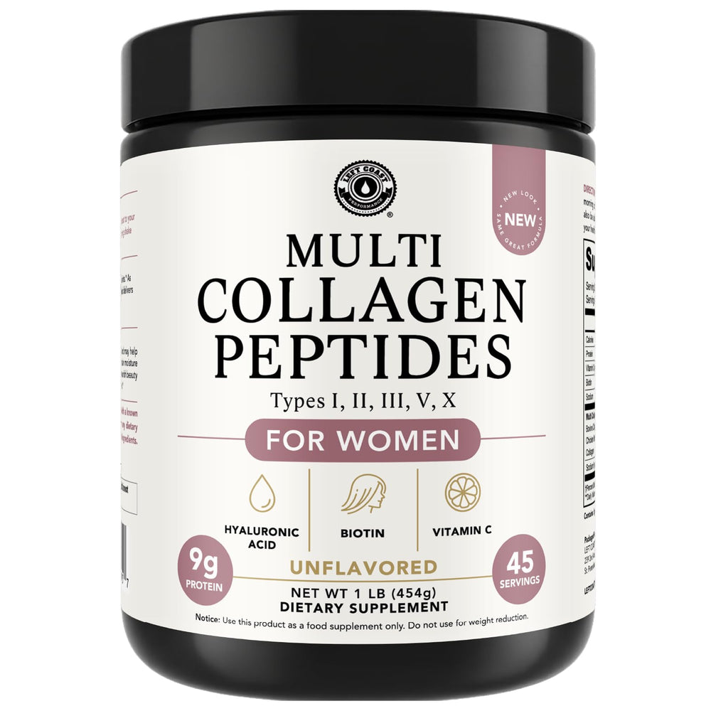 Left Coast Performance multi collagen bottle pour; may support skin, hair, nails, and joints