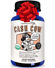 Legendairy Milk Cash Cow bottle front with organic lactation herbs for milk support