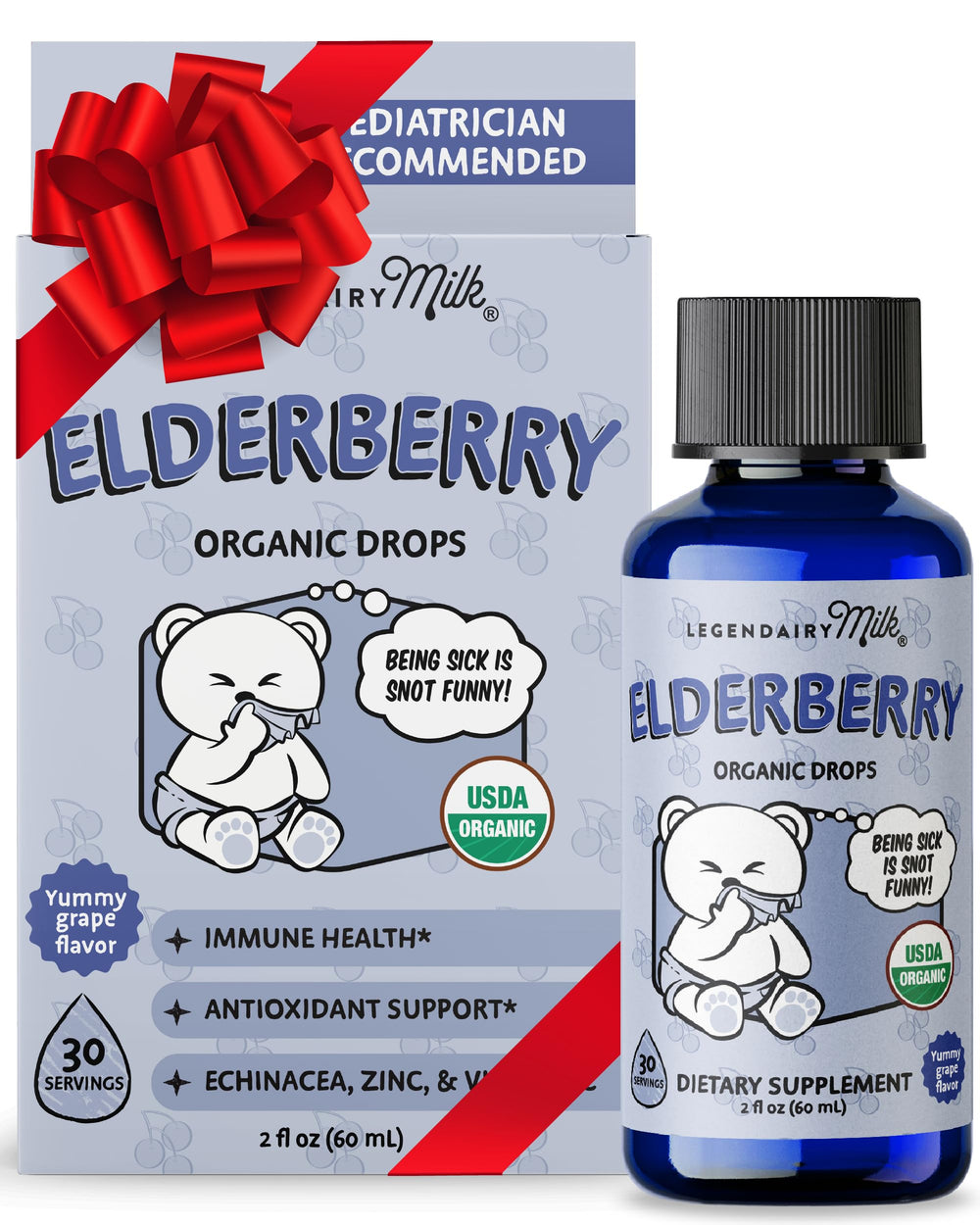 Legendairy Milk Elderberry Drops bottle front supports daily immune wellness for babies.