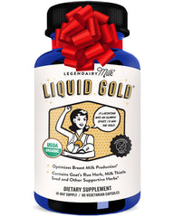 Legendairy Milk Liquid Gold bottle pour supports lactation for new mothers.