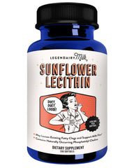 Legendairy Milk Sunflower Lecithin 1200mg bottle close-up supports smooth milk flow.
