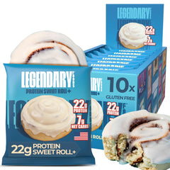 Legendary Foods Cinnamon Roll bar packaging highlights gluten-free, keto-friendly nutrition.