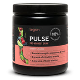 LEGION all-natural preworkout tub front showing clean energy branding