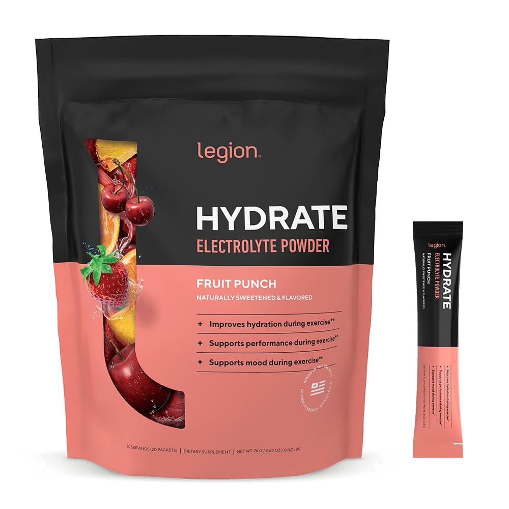 LEGION Hydrate stick-pack fruit punch dissolves quickly for on-the-go hydration.