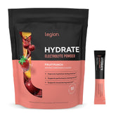 LEGION Hydrate stick-pack fruit punch dissolves quickly for on-the-go hydration.