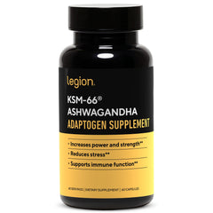 LEGION KSM-66 Ashwagandha bottle with capsules for daily mood support.