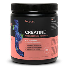 LEGION micronized creatine monohydrate blue raspberry powder tub for easy mixing