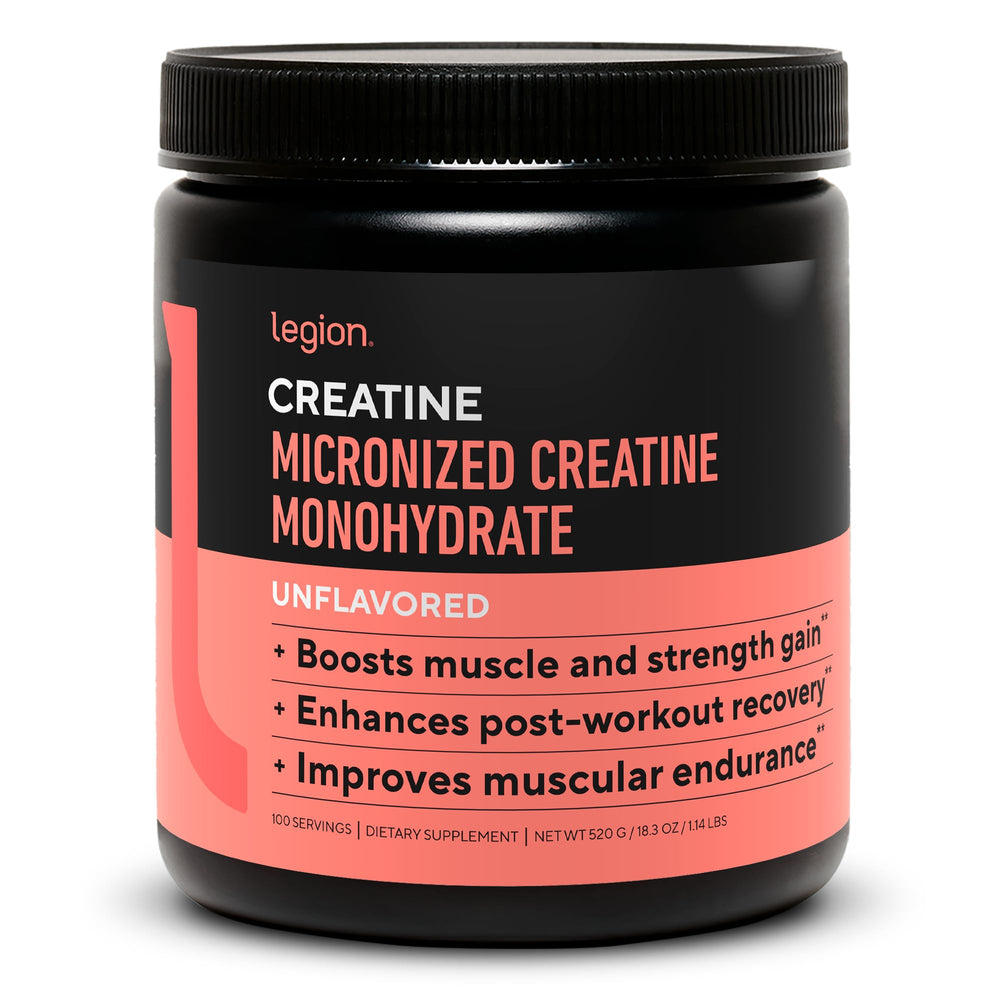 LEGION micronized creatine monohydrate bottle on shelf for daily lean muscle support