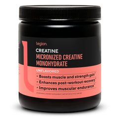 LEGION Micronized Creatine Monohydrate bottle for easy daily supplementation to support workouts.