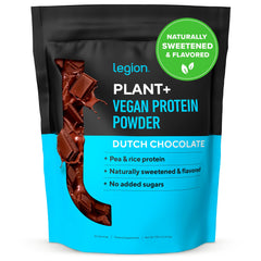 LEGION Plant+ chocolate protein powder bag highlights clean label and high protein per serving.