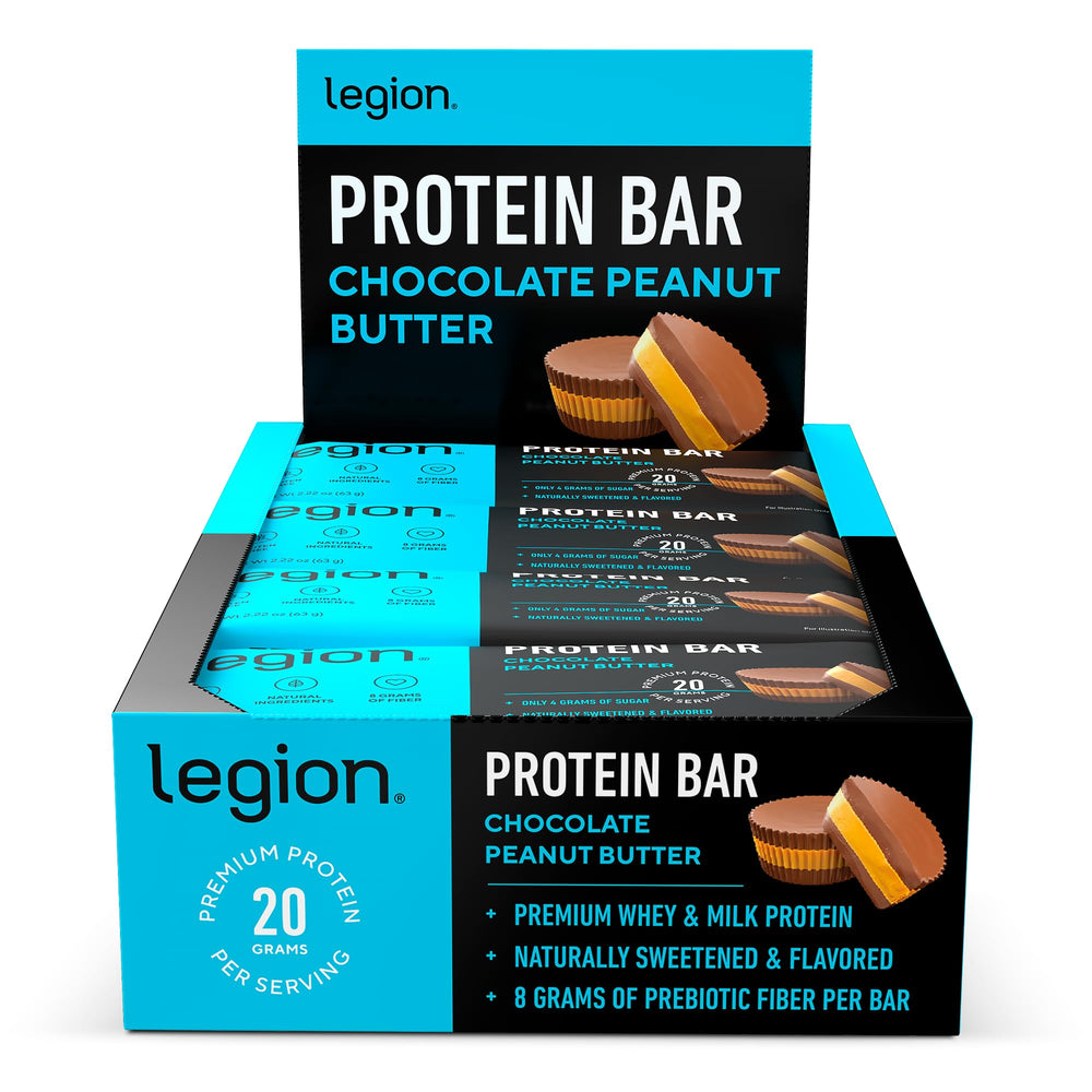 LEGION protein bar chocolate peanut butter wrapped for on-the-go protein.