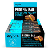 LEGION protein bar chocolate peanut butter wrapped for on-the-go protein.
