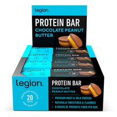LEGION protein bar chocolate peanut butter wrapped for on-the-go protein.