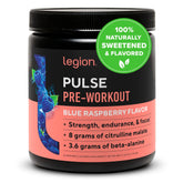 LEGION Pulse blue raspberry powder ready for a clean pre-workout energy boost