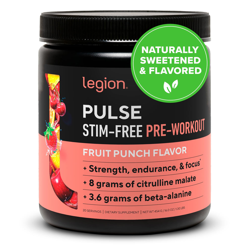 LEGION Pulse bottle front view showing stimulant-free pre-workout benefits.