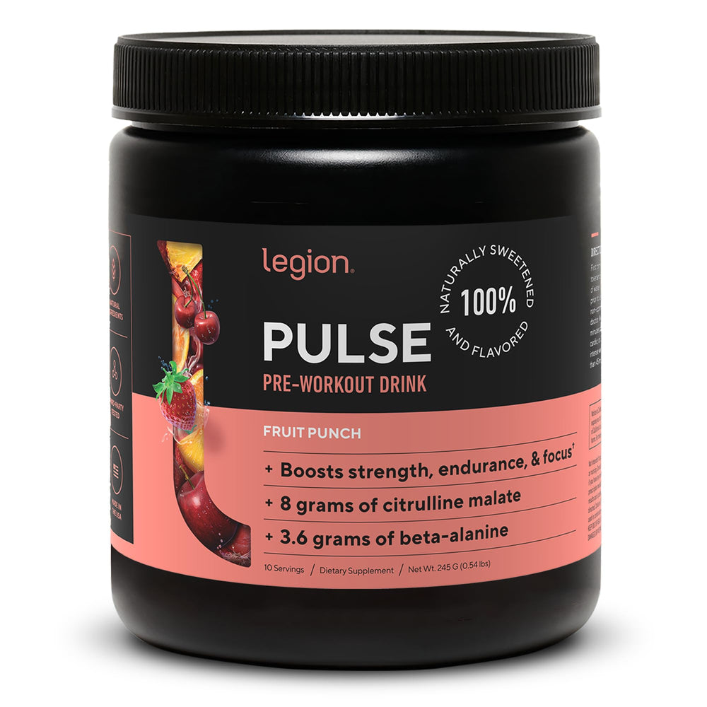 LEGION Pulse Fruit Punch bottle promotes clean energy and focus.
