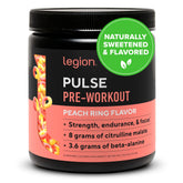 LEGION Pulse Peach tub closeup highlights natural flavor and label clarity for workouts.