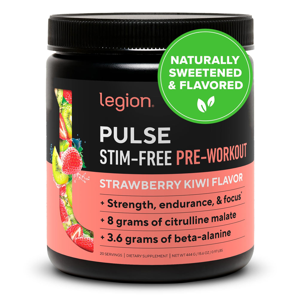 LEGION Pulse pre-workout canister front view showing stimulant-free formula