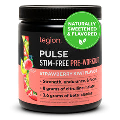 LEGION Pulse pre-workout canister front view showing stimulant-free formula