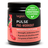 LEGION Pulse Pre Workout Watermelon tub promoting clean energy with natural sweetness.