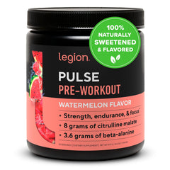 LEGION Pulse Pre Workout Watermelon tub promoting clean energy with natural sweetness.