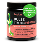 LEGION Pulse pre workout bottle closeup showing stimulant-free formula for focused workouts.