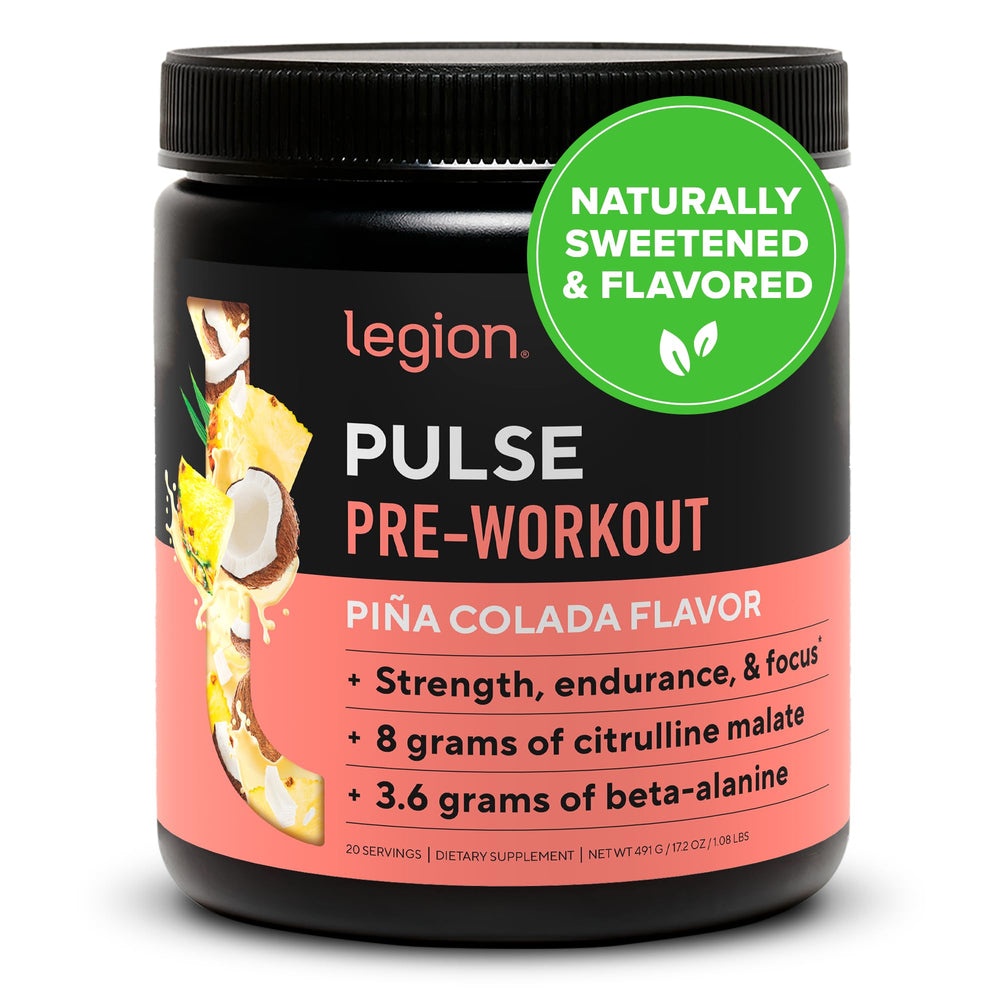 LEGION Pulse pre workout bottle shows a natural energy option with a clear label
