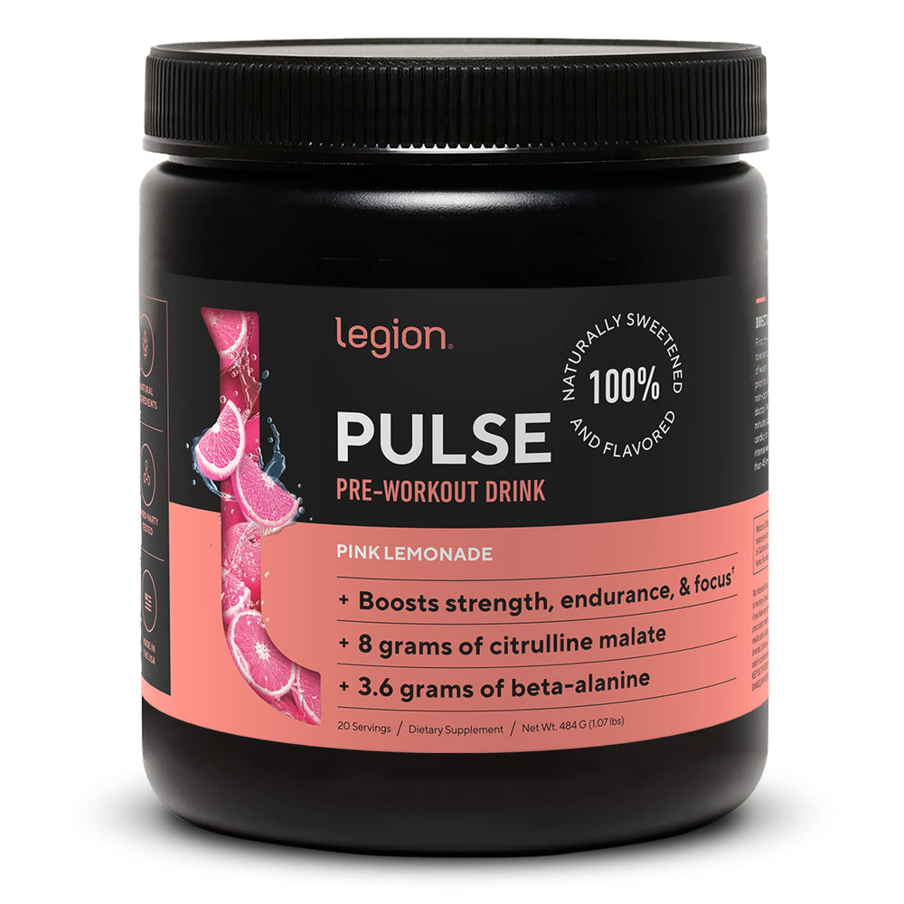 LEGION Pulse Pre Workout pink lemonade bottle for clean energy without jitters