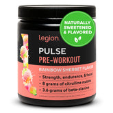 LEGION Pulse Rainbow Sherbet tub showing natural ingredients and clean energy benefits