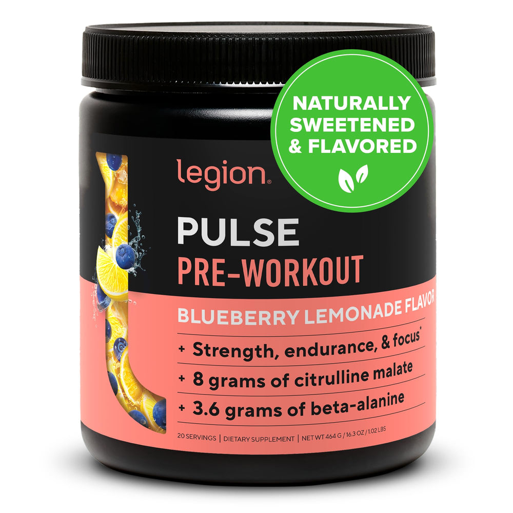 LEGION Pulse pre workout tub front showing blueberry lemonade flavor for clean energy