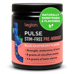 LEGION Pulse pre workout tub front shows stimulant-free energy support