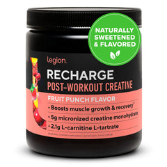 LEGION Recharge bottle with Fruit Punch flavor shown for post-workout recovery