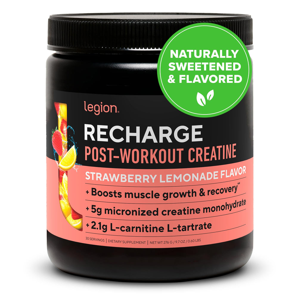 LEGION Recharge bottle with label highlighting post-workout recovery and transparency.