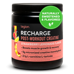 LEGION Recharge bottle with label highlighting post-workout recovery and transparency.