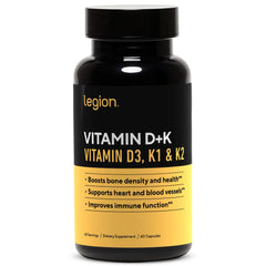 LEGION Vitamin D3 K2 bottle with transparent label for bone and immune support