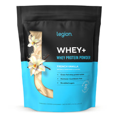 LEGION Whey+ powder jar showing grass-fed Irish milk source and clean label for purity.