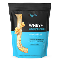 LEGION Whey+ tub front label highlights grass-fed milk and clean protein.
