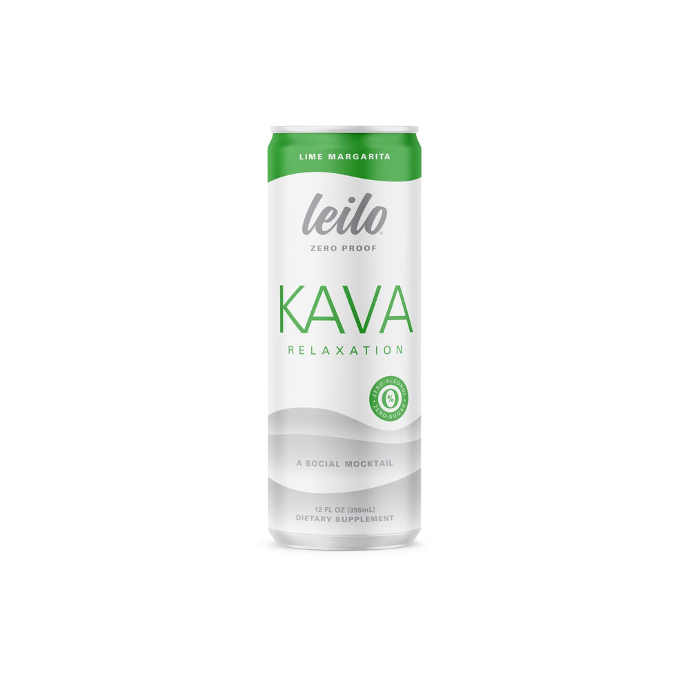 LEILO kava-powered lime margarita mocktail can close-up highlights zero sugar and crisp citrus.