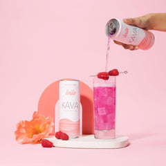 LEILO kava sparkling raspberry hibiscus glass pours with smooth bubbles for a relaxing sip