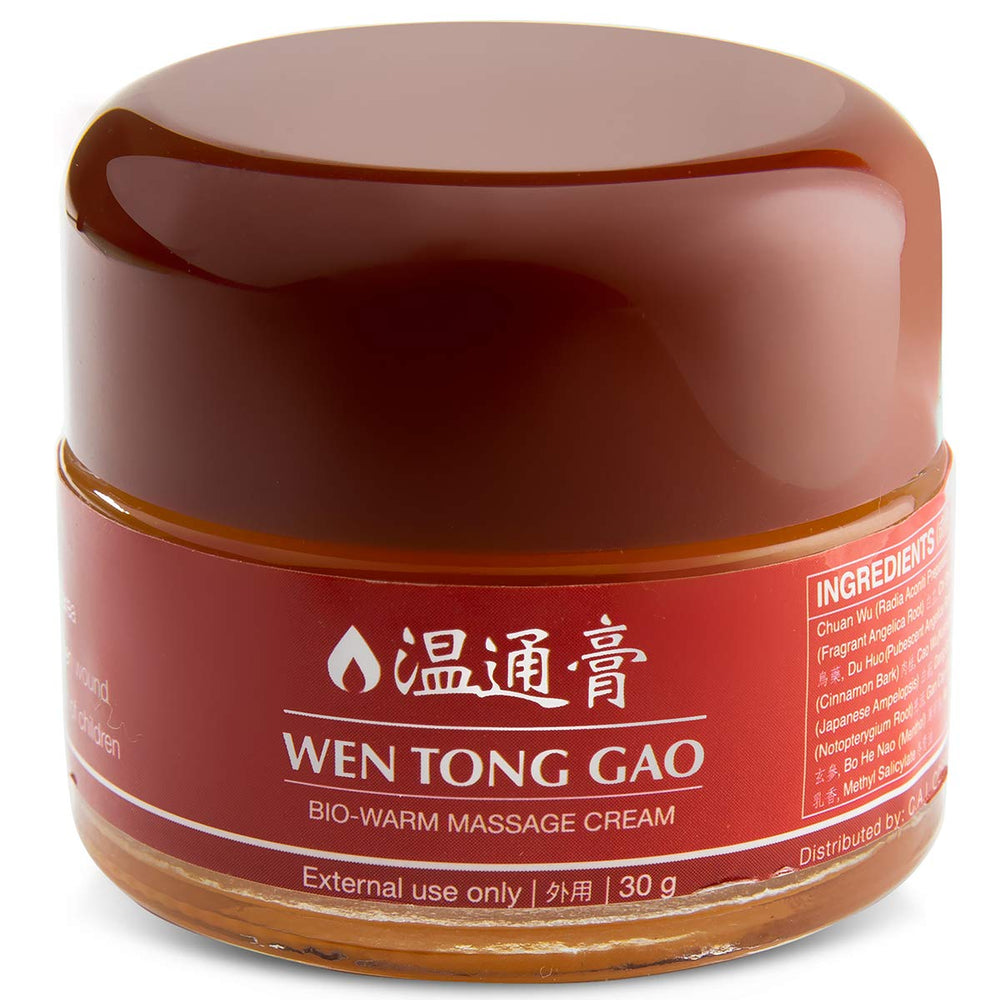 Lekon Wen Tong Gao Bio-Warm Massage Cream jar shows a soothing herbal blend for warming massage.